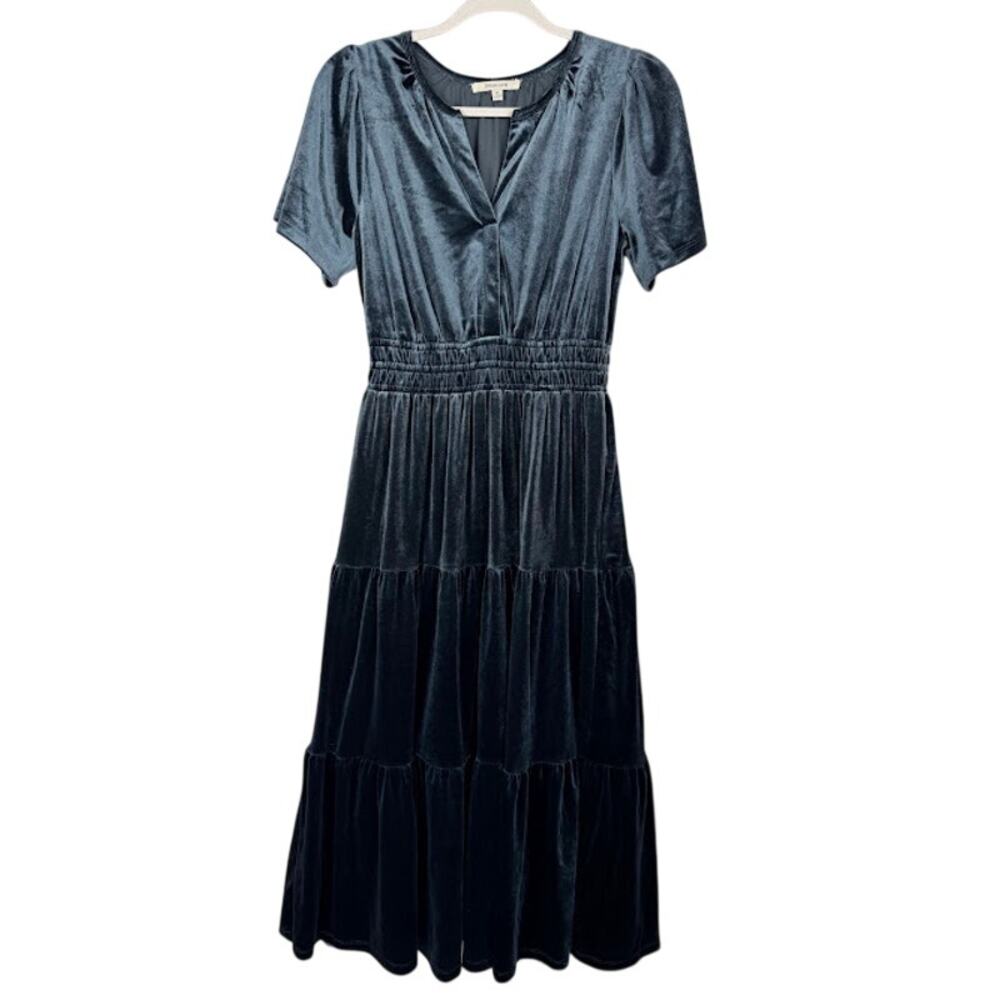 Zoe and Claire Velvet Midi‎ Dress Blue Tiered Short Sleeve Women’s M